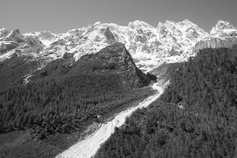 A meltwater stream criss-crossing the Himalayan landscape in Uttarkashi district, Uttarakhand